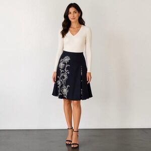 Carole Little Navy Blue Linen Blend Floral Embroidered A-Line Skirt Womens 8